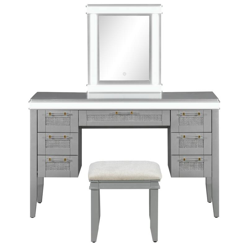 48" Makeup Vanity Desk with Mirror & Lights - 7 Drawers, Cushioned Stool