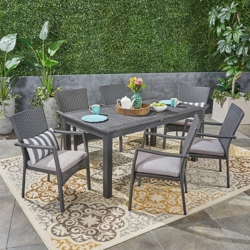 Davenport Outdoor 7 Piece Wood and Wicker Expandable Dining Set by Christopher Knight Home - sandblast dark gray + gray cushion