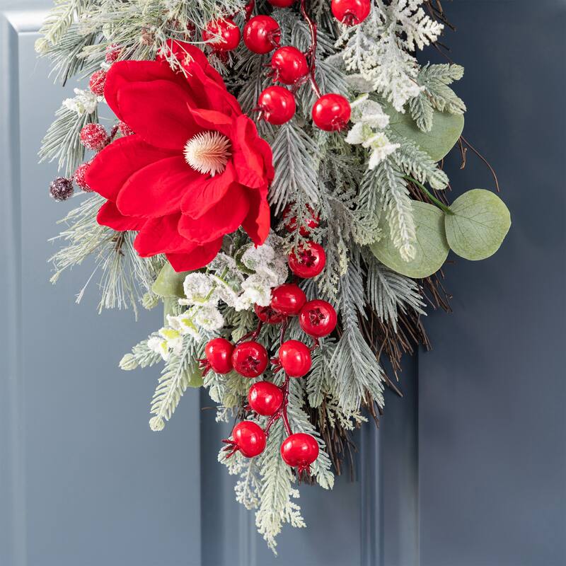 Glitzhome Christmas Berry Bow Pinecone Bell Holy Leaf Teardrop Swag Xmas Wreath