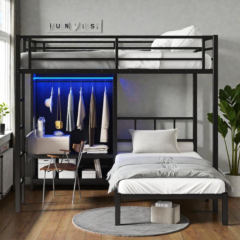 Full XL Over Twin Metal Bunk Bed with Folding Desk and Closet, LED Storage, Space Saving Design