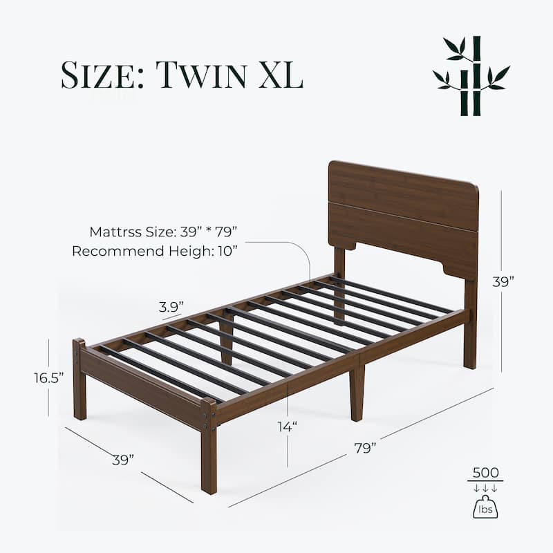 Walnut-colored solid wood and bamboo bed frame with headboard, easy to assemble, no box springs required