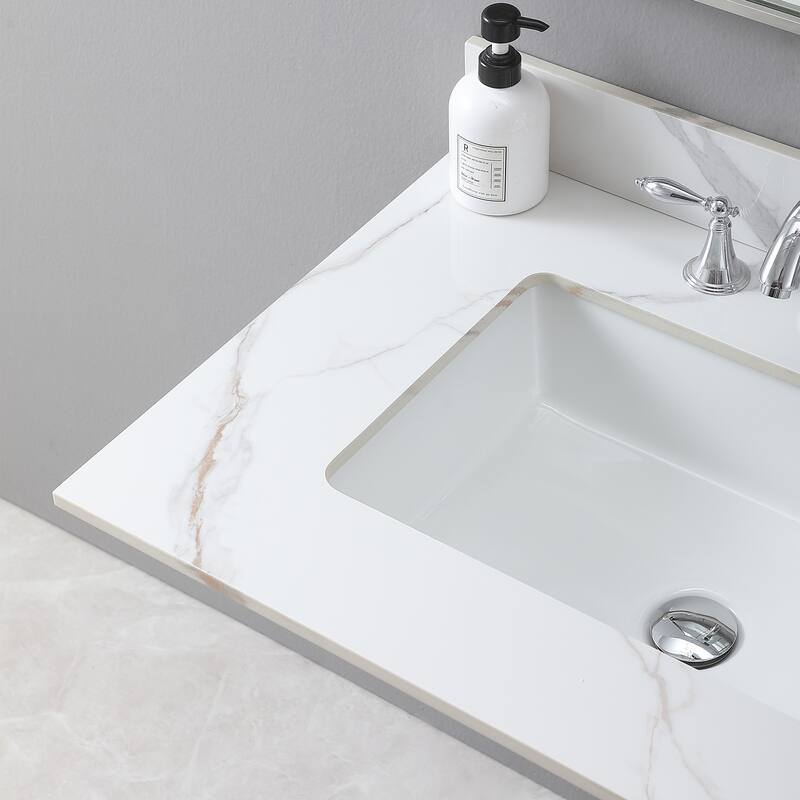 Elegant 31" Carrara Marble Style Vanity Top, Pre-Sealed and Polished, Includes Ceramic Sink and Backsplash - 31in L