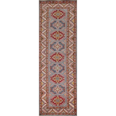 Geometric Kazak Oriental Runner Rug Hallway Hand-Knotted Wool Carpet - 2'8" x 9'4"
