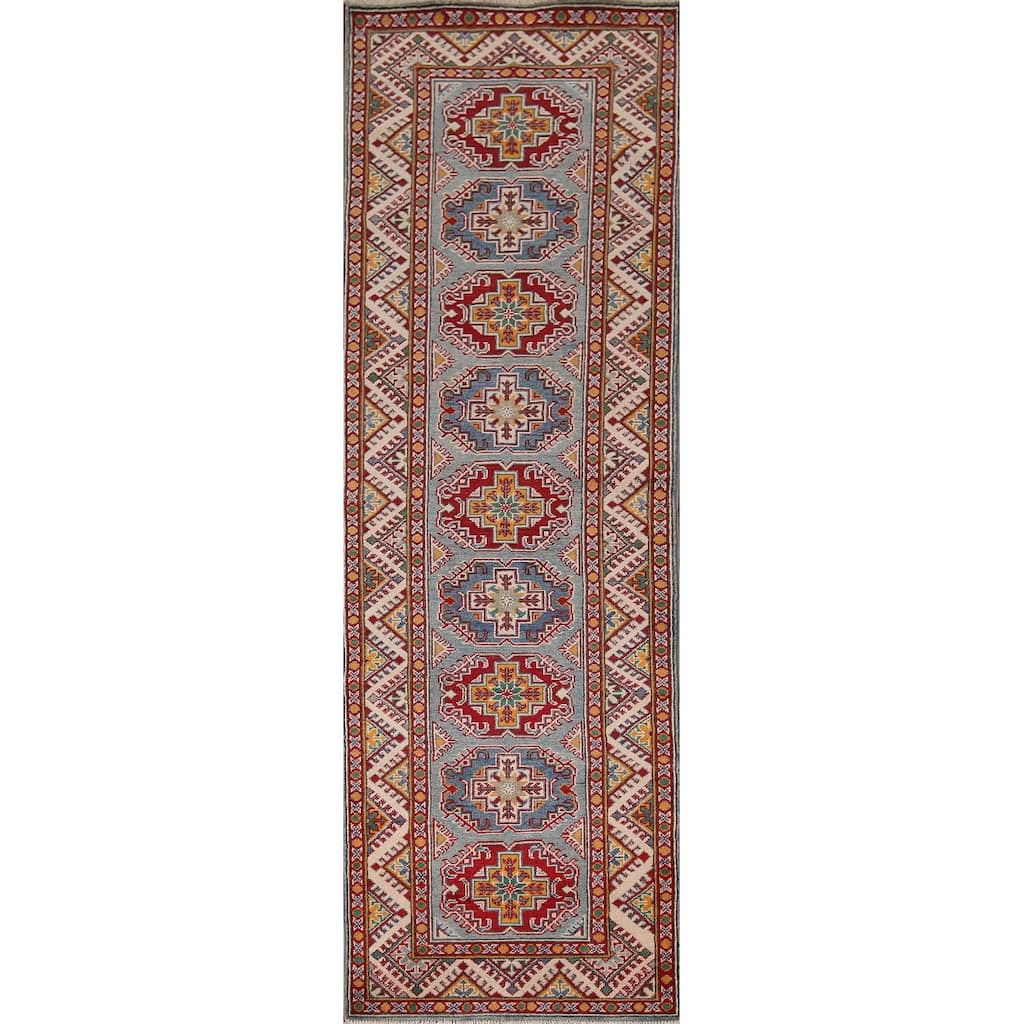 Geometric Kazak Oriental Runner Rug Hallway Hand-Knotted Wool Carpet - 2'8" x 9'4"