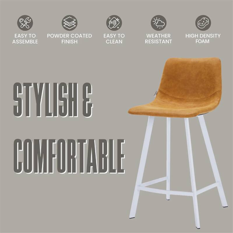 Elland Leather Bar Stool - Modern Counter Height Stool with White Stainless Steel Legs for Kitchen Island or Home Bar Set of 2