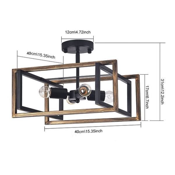 4 Light Unique Square Wood Color Flush Mount Light - W15.35xH12.2 inches.