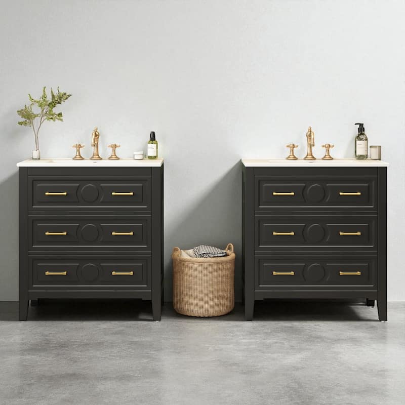 60 Inch Bathroom Vanity with Sink, Solid Wood Cabinet with Ceramic Basin, 3-Drawer Retro Style Storage - Black