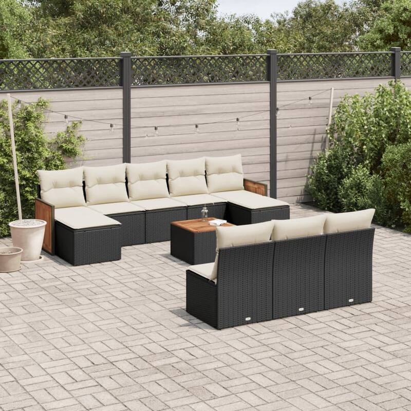 vidaXL Patio Sofa Set with Cushions Outdoor Conversation Furniture Poly Rattan - 21.7 x 21.7 x 14.6 in - Black and cream with table