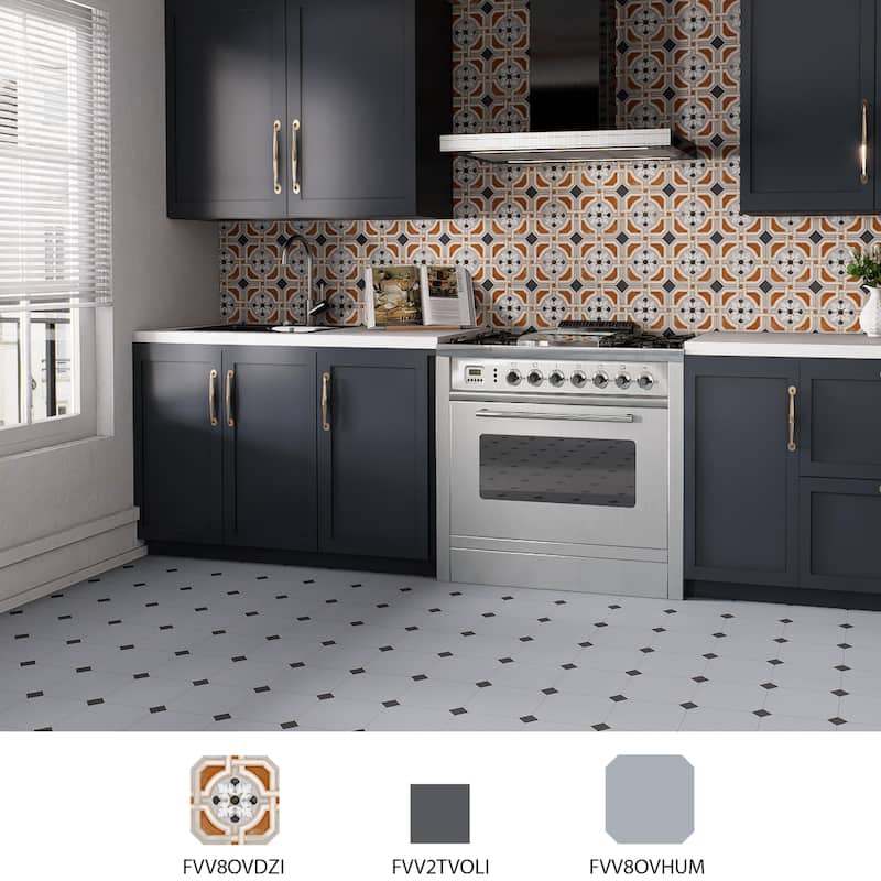Merola Tile Vaudeville Octagon Deco Zimer with Taco Antracita 7-7/8" x 7-7/8" Porcelain Floor and Wall Tile
