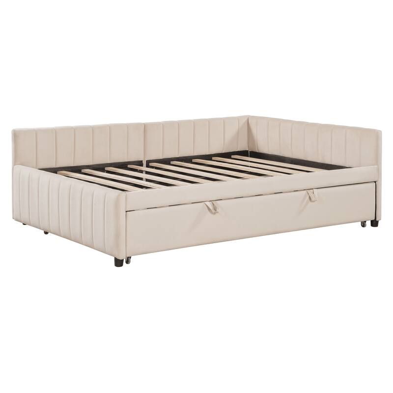 2-in-1 Daybed with Pop Up Trundle Bed, L-Shaped Upholstered Daybed Convertible Platform Bed, Vertical Stripes Frame Sofa Bed