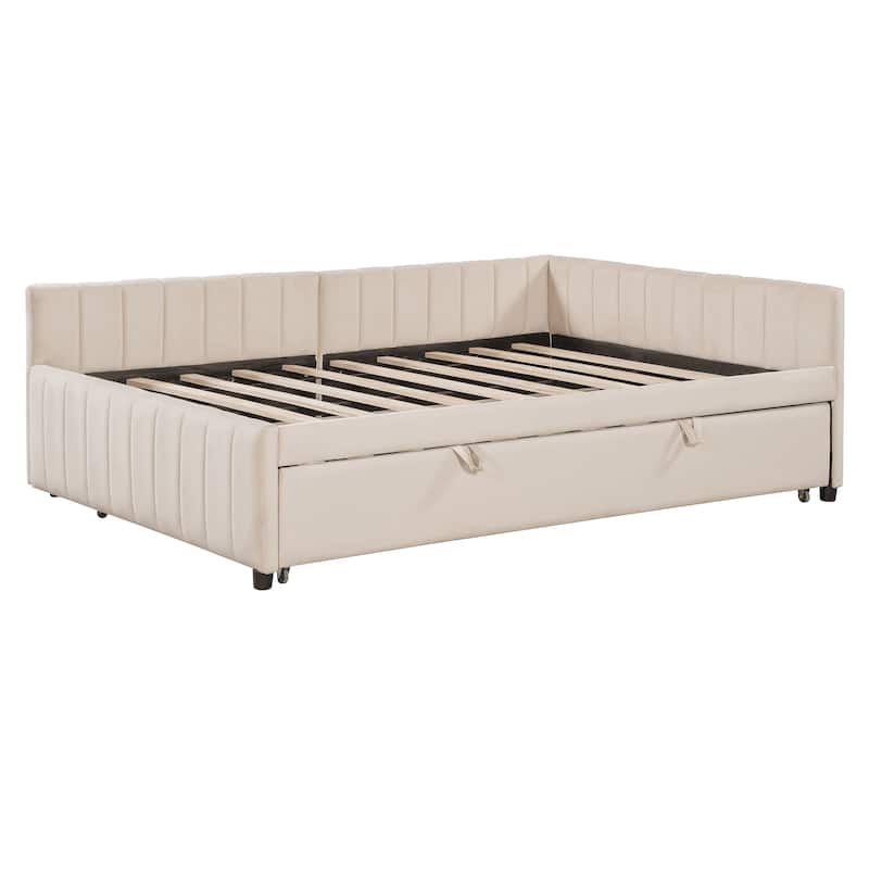 L-Shaped Upholstered Daybed with Pop-up Trundle, Extendable Platform Bed Frame with Wooden Slats Support, Full to King Design