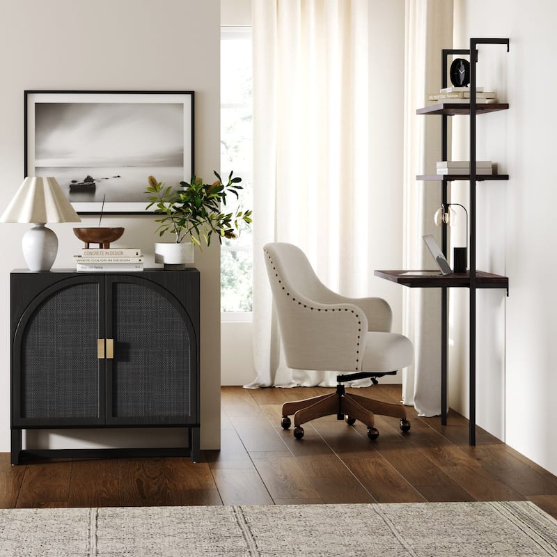 Paxton Boho Wood Storage Cabinet with Doors, Small Storage Cabinet or TV Stand with Rattan Door Details