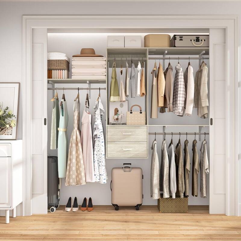 96'' Hanging Closet System with 3 Hanging Rod ＆ 3 Shelving Towers ＆ 2 Drawers,8FT Walk in Closet Organizer System - White Oak