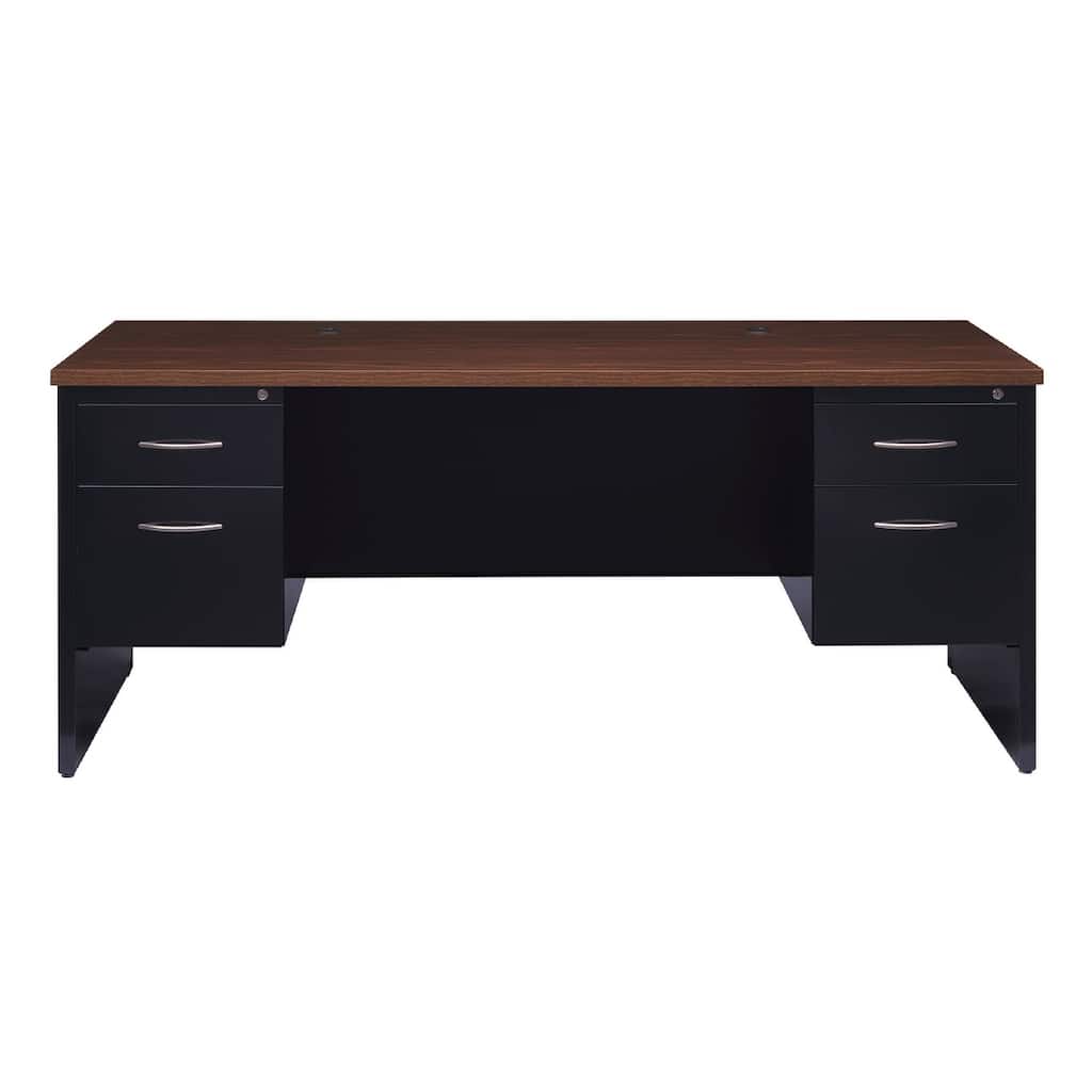 Hirsh Executive Office Modular Double Pedestal File Office Desk, 36 inch D x 72 inch W, Black / Walnut