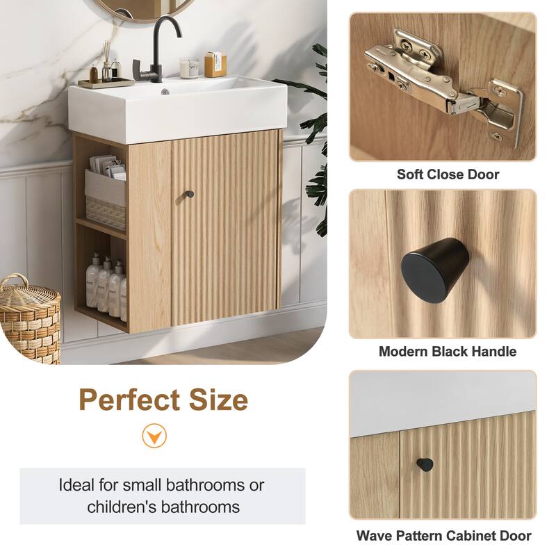 Floating Bathroom Vanity with Sink, Wall Mounted Bathroom Vanity, Storage Cabinet with Open Shelf & Wave-Patterned Door