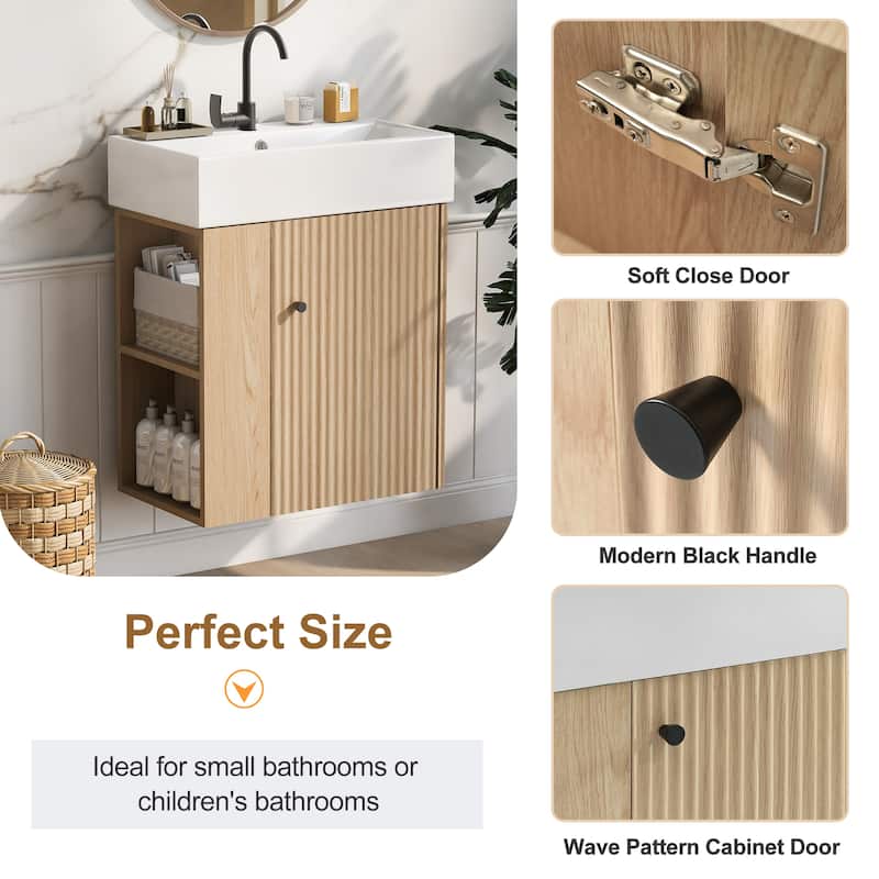 Roomfitters 21.6 Inch Modern Floating Bathroom Vanity with Ceramic Basin, Left Side Storage Cabinet & Open Shelves
