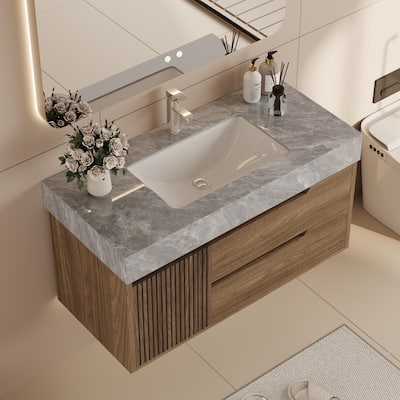 36"Mid Century Modern Wall-Mounted Bathroom Vanities,Single Sink,Brown Wood Texture with Sintered Stone Table top