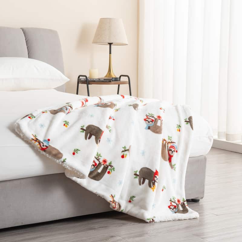 Linery & Co. Velvet Plush Fleece Reversible Sherpa Holiday Printed Throw.
