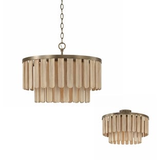 20" W x 14" H 1-Light Dual Mount Pendant in Dark Brass with Handcrafted Mango Wood in Nordic Grey Stain - 20"W x 15.5"H