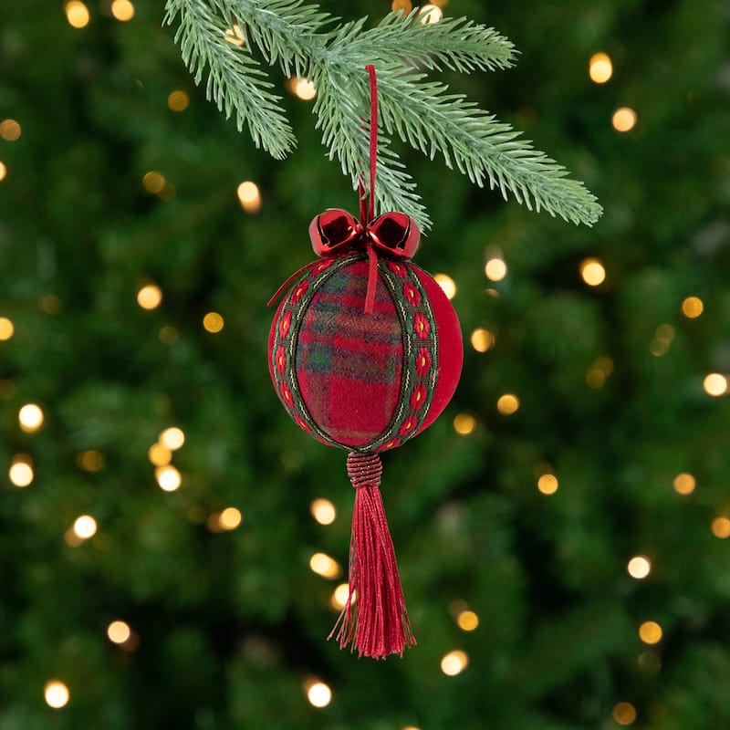 Jingle Bell Plaid Christmas Ball Ornaments - 2.75" - Set of 4 - Red and Green