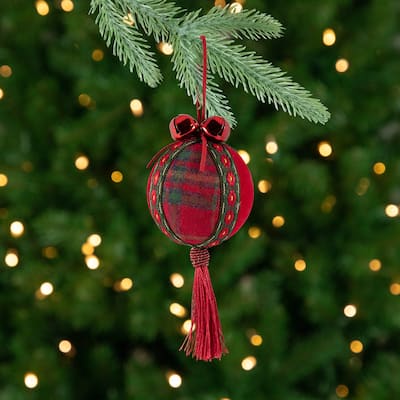Jingle Bell Plaid Christmas Ball Ornaments - 2.75" - Set of 4 - Red and Green