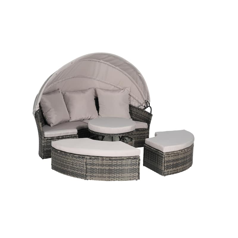 Outdoor Rattan Daybed Round Sunbed with Retractable Canopy, 5 Piece Sectional Patio Conversation Set with Storable Table
