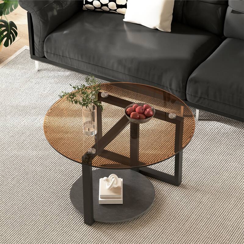 Round Amber-Tinted Tempered Glass Coffee Table Living Room Center Table with 2-Tier