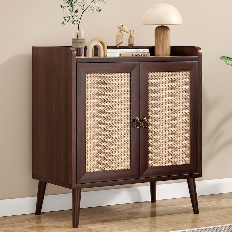 Sideboard Buffet Cabinet with Storage, Bar Liquor Cabinet with Rattan Decorated Doors, Credenza Console Tablefor Dining Room