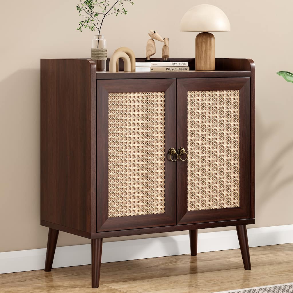 Vintage Side Storage Cabinet with Rattan Decorated Doors