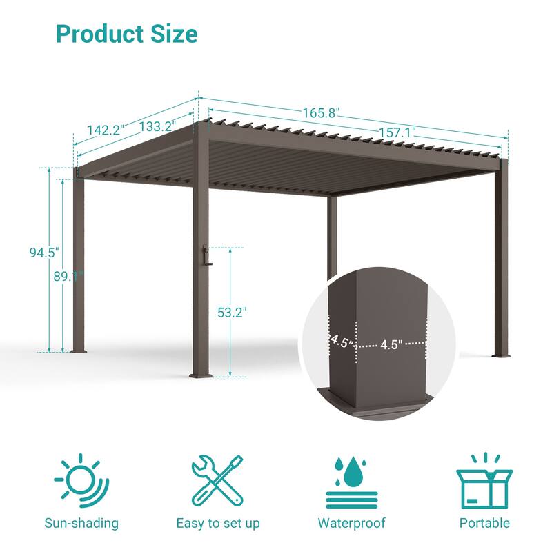 BONOSUKI Outdoor Aluminized Steel Louvered Pergola with Adjustable Roof, Brown