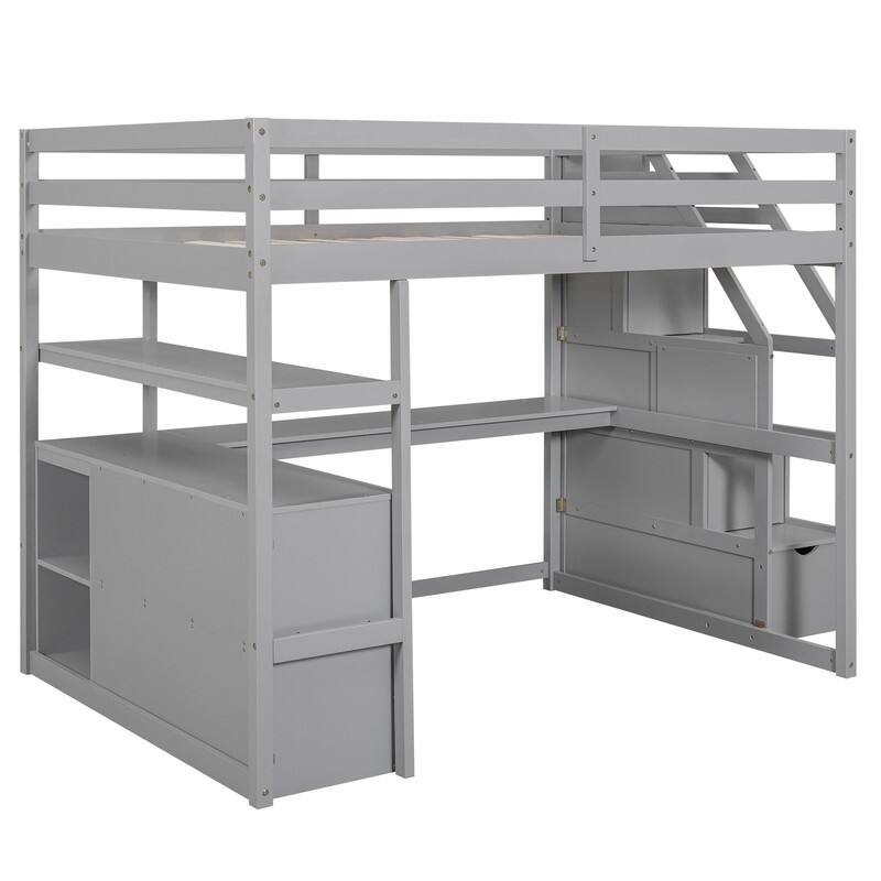 Twin/Full Size Stairway Loft Bed with Built-in Desk with Two Drawers, Solid Wood Bed Frame with Storage Shelves for Kids Teens