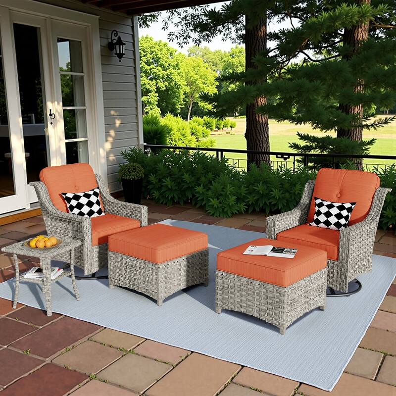HOOOWOOO 5-piece Rattan Outdoor Furniture Patio Swivel Chair Chat Set with Ottoman
