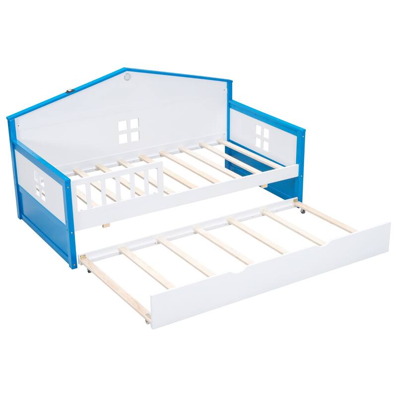 Twin size Wooden Daybed with Trundle and sensor light, Easy to assemble, suitable for bedroom