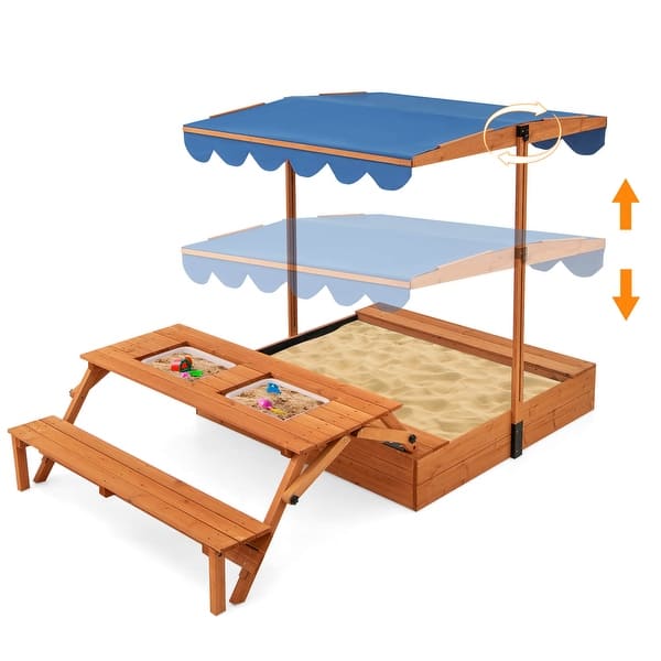 slide 2 of 6, Kids Wooden Sandbox w/ Canopy Foldable Picnic Table & Bench w/ Sandpit Natural+Blue