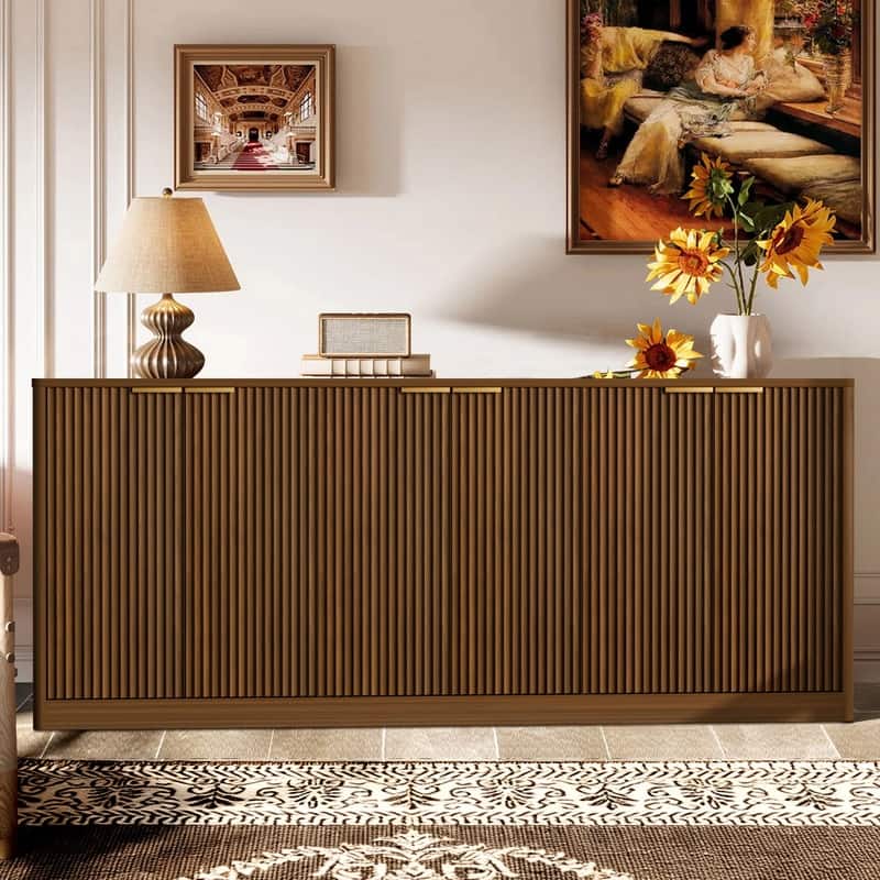 Modern 67" Fluted Buffet Sideboard Cabinet with Shelves, TV Stand Storage Cabinet with 4 Wave Doors for Organized Living Spaces