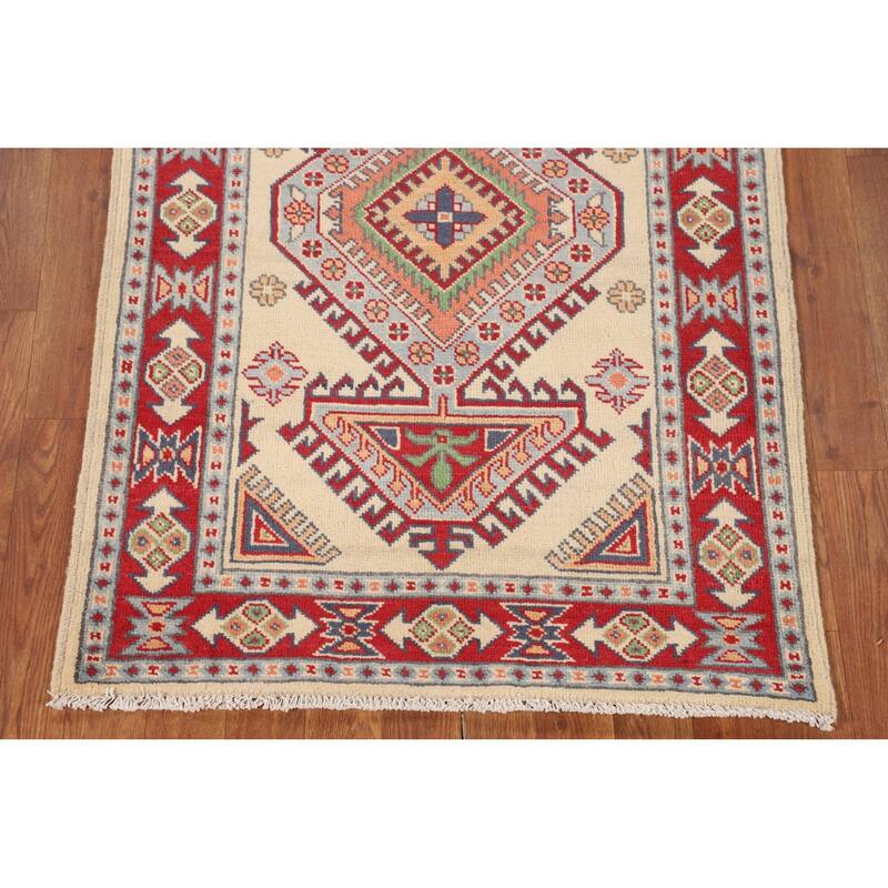 Geometric Beige Kazak Oriental Accent Rug Handmade Wool Carpet - 2'9" x 4'1"