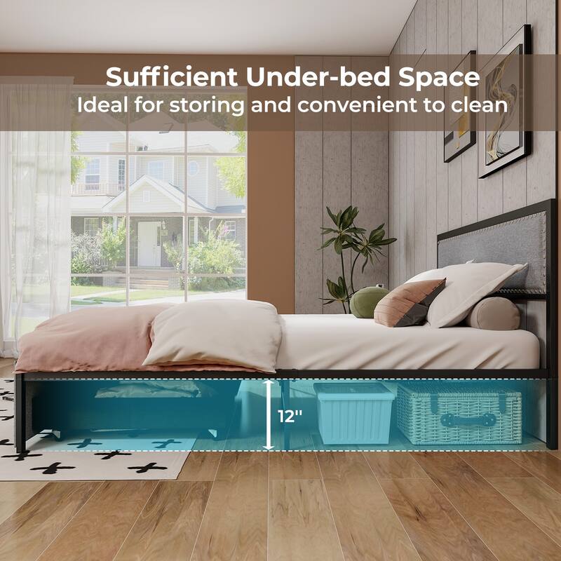 Full/Queen/Twin Size Bed Frame with LED Lights Drawer and Metal Slats