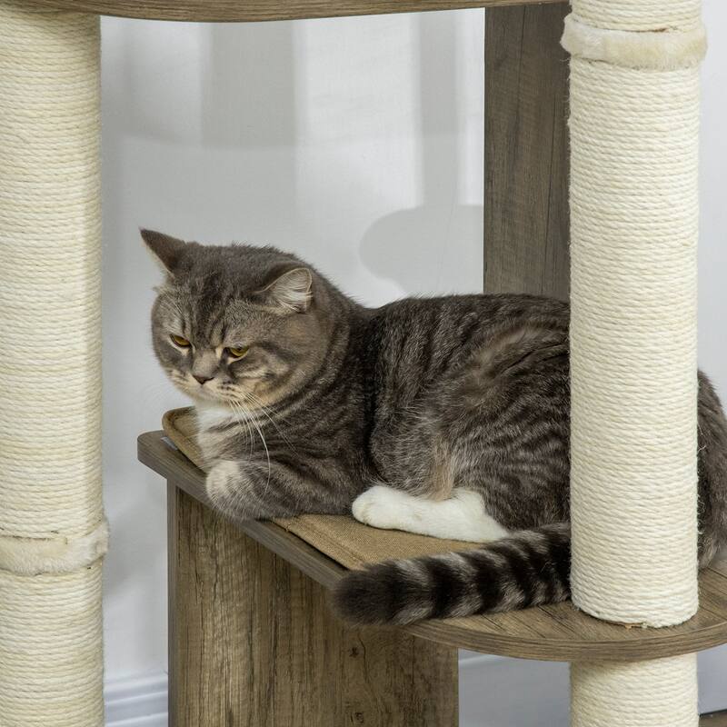 65" Corner Modern Cat Tree Tall for Climbing, Large Multilevel Cat Tower with Scratching Posts - Cream White