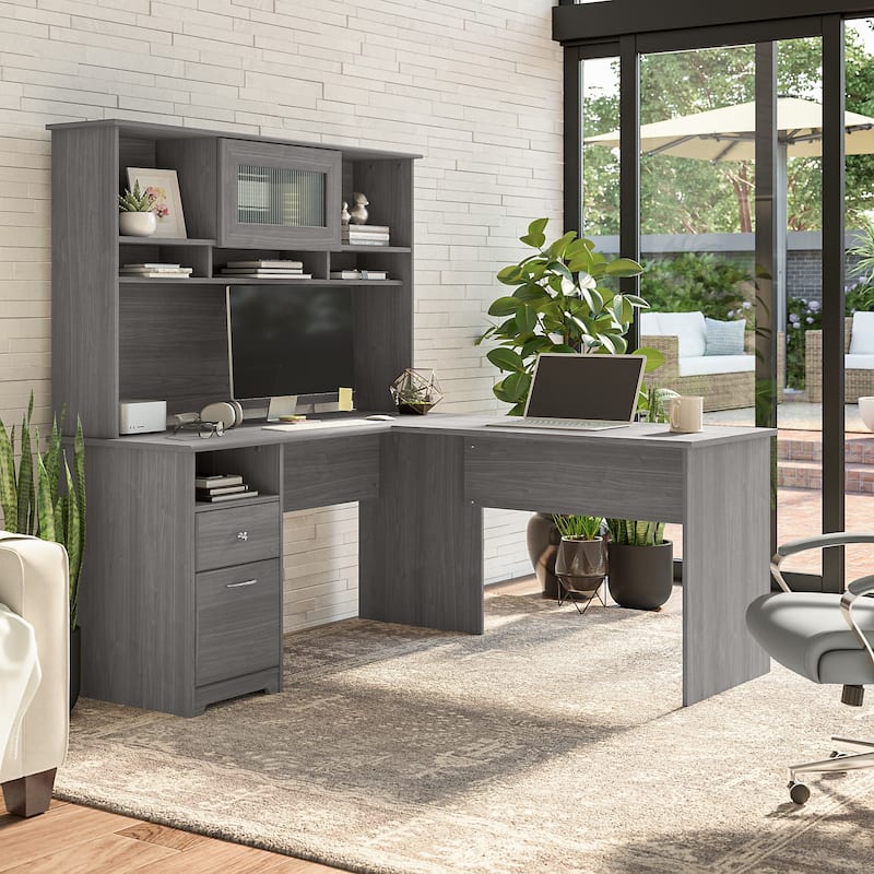 Cabot 60W L Shaped Computer Desk with Hutch by Bush Furniture - Modern Gray