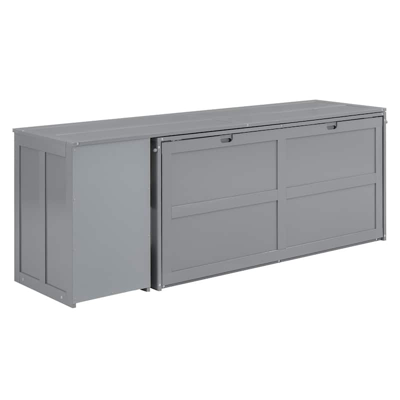 Grey Queen Murphy Bed in Pine Wood & MDF with Rotating Desk and Storage Shelves