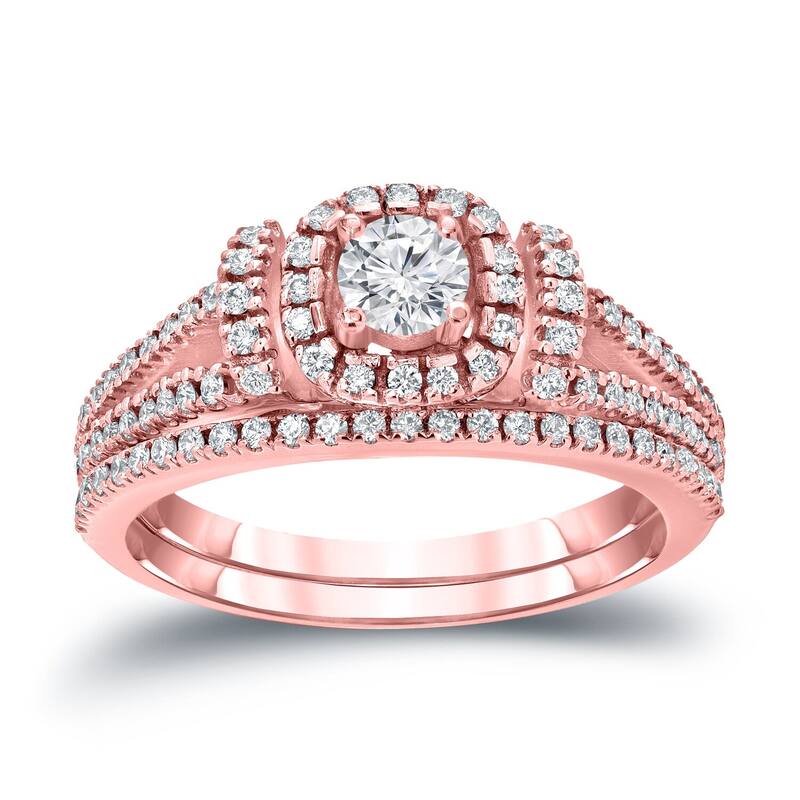 Auriya Modern 3/4ctw Round Halo Diamond Engagement Ring Set 14kt Gold - 4 - Rose