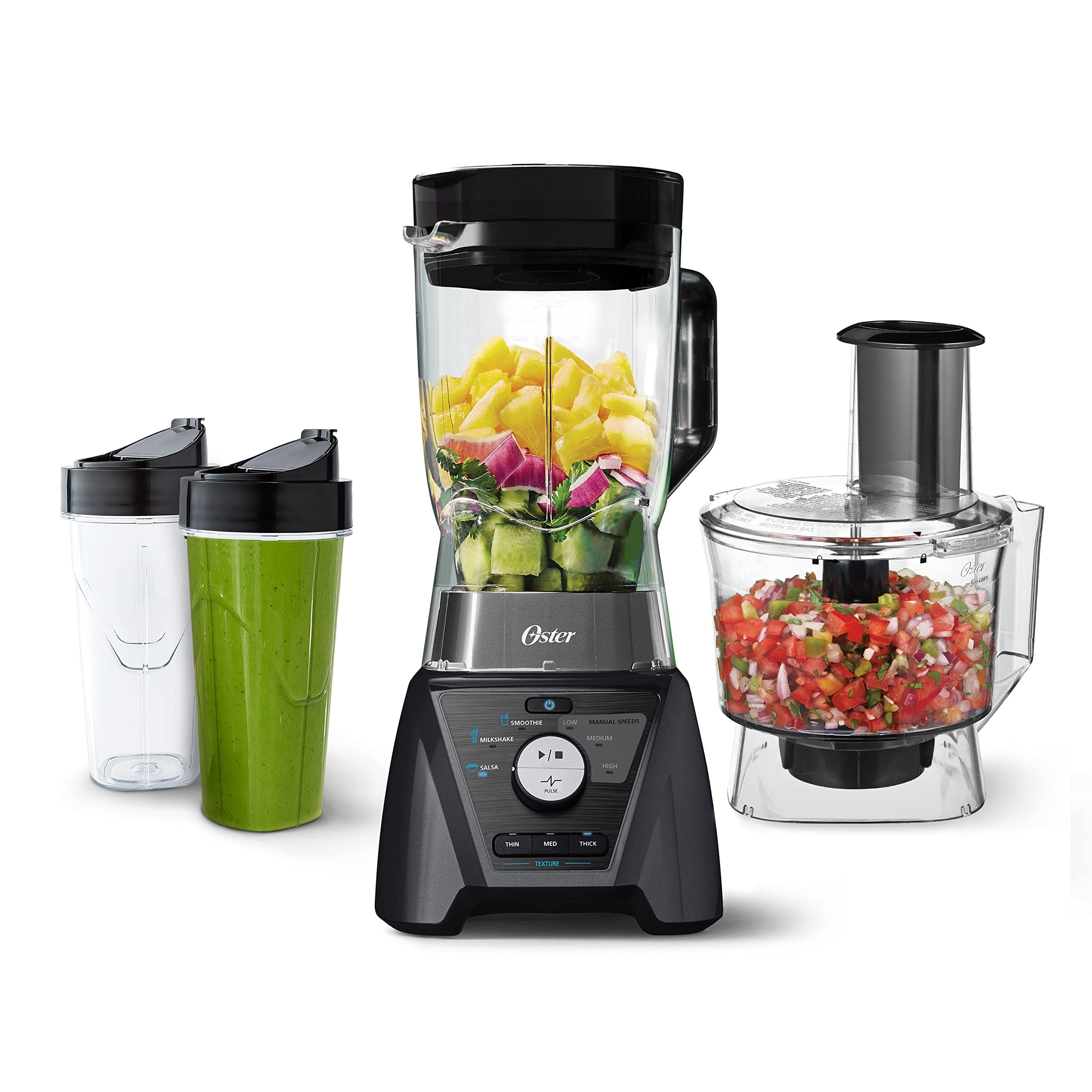 Blender and Food Processor Combo with 3 Settings for Smoothies, Shakes, and Food Chopping, Includes 2 24-Ounce Cups and Lids