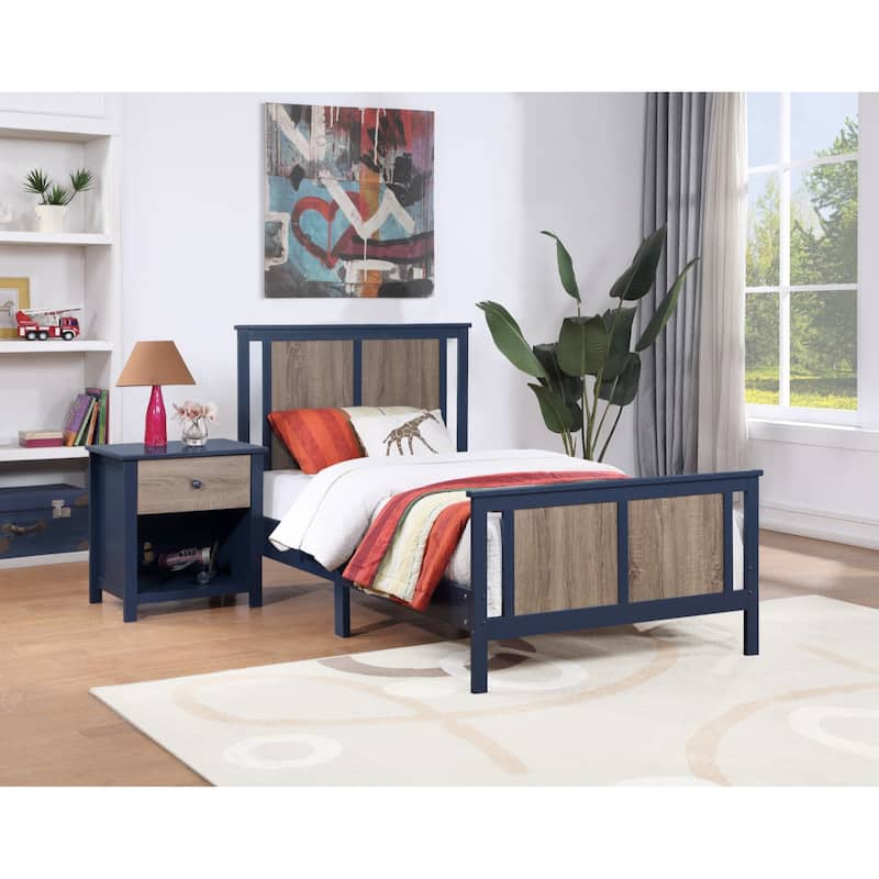24" Tall Dark Blue Wooden Nightstand End Table with 1 Drawer and Open Shelf for Bedroom or Entryway