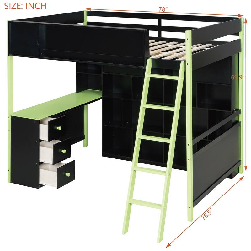 Full Size Gaming Loft Bed with Desk Full Wall Storage Shelf and 3 Drawers Storage Guardrail with Adjustable Door for Gaming Room