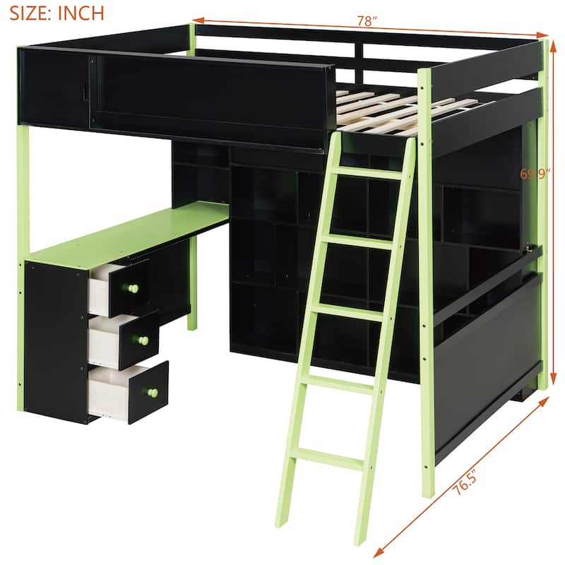 Full Size Wood Loft Bed with Desk, Storage & Light