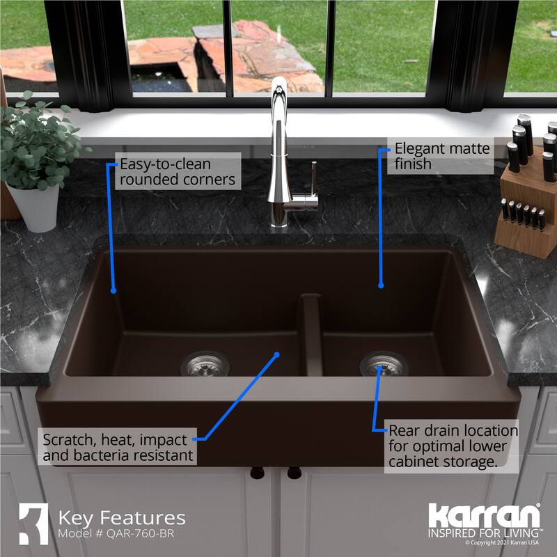 Karran Retrofit Farmhouse Quartz 34 in. Double Bowl 60/40 Sink Kit