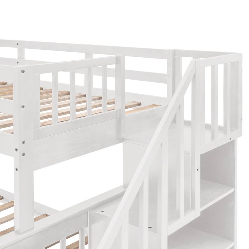 White Twin-Over-Full Solid Pine Bunk Bed with Storage and Ladder