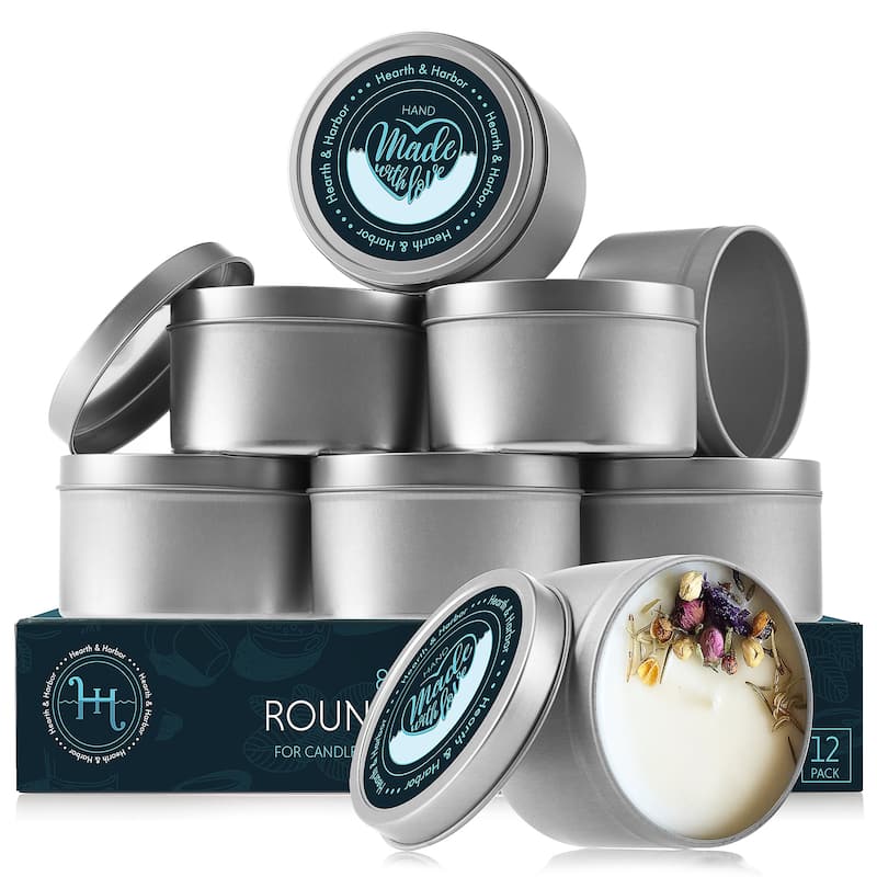 Hearth & Harbor Candle Tins - Candle Jars for Making Candles - DIY Candle Containers with Lids - 8Oz - Set of 12 - Stainless Steel