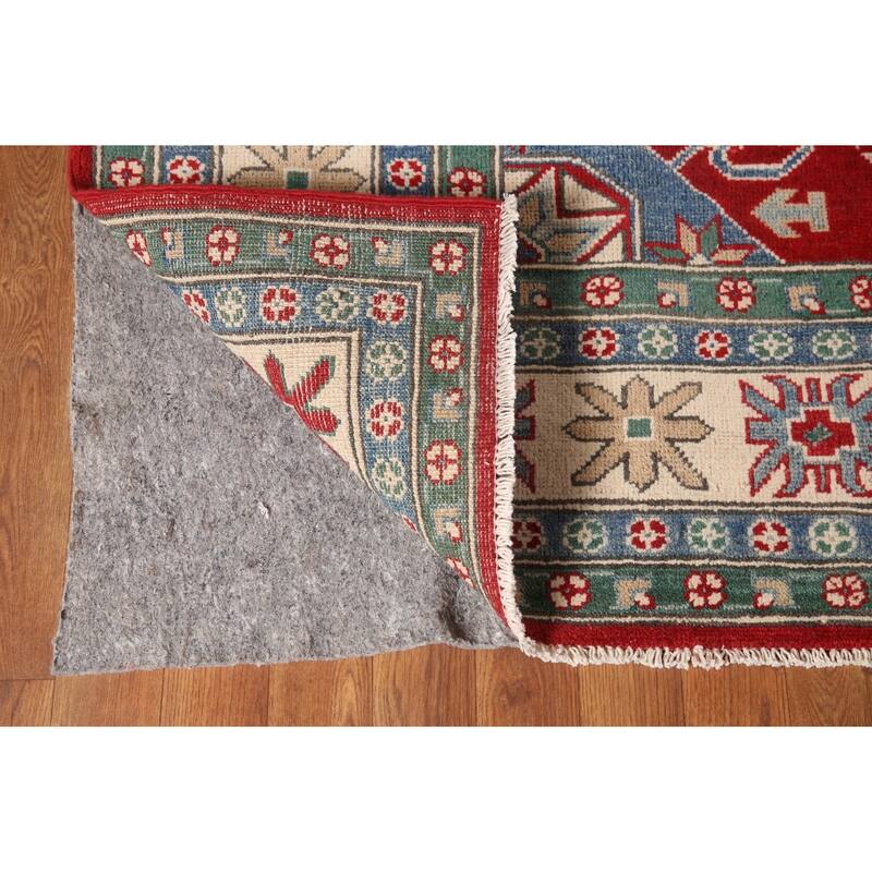 Red Geometric Kazak Oriental Area Rug Hand-Knotted Wool Carpet - 6'8" x 9'7"