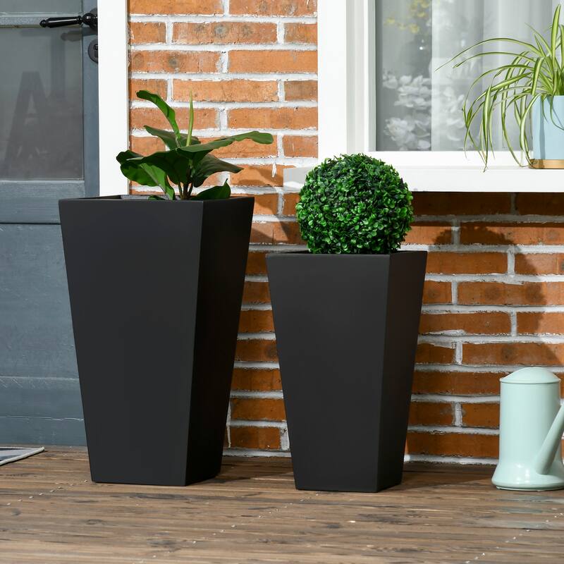 Outsunny 2-Pack Outdoor Planter Set, MgO Flower Pots with Drainage Holes, Durable & Stackable - Black
